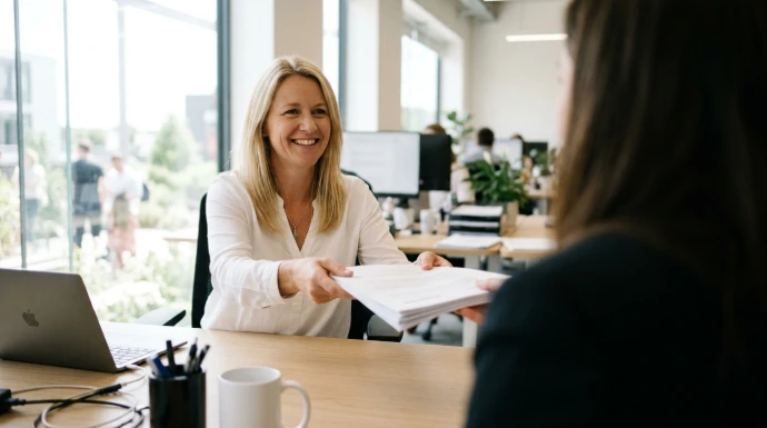 Vrouw geeft lachend een stapel documenten aan een collega aan een bureau in een licht kantoor